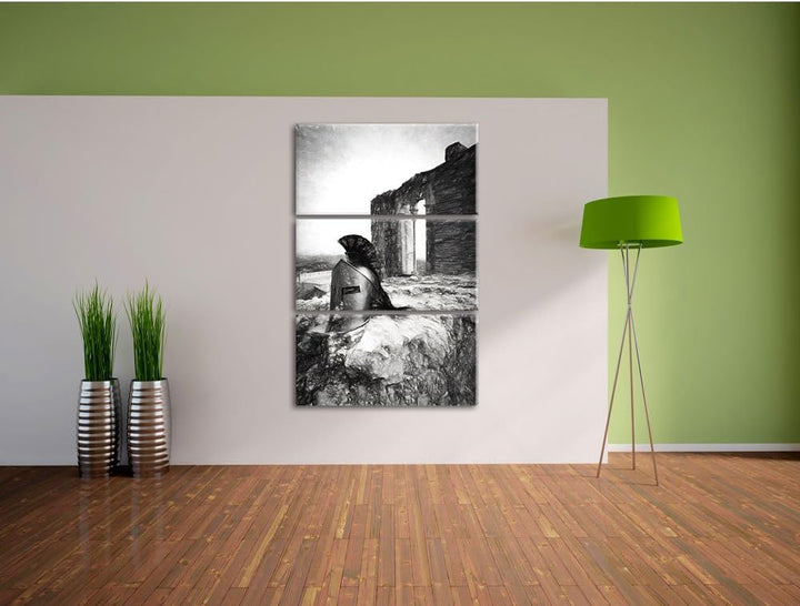 Pixxprint Sparta Helm als Leinwandbild | Grösse: 3 Teilig (120x80) | Wandbild| Kunstdruck | fertig b