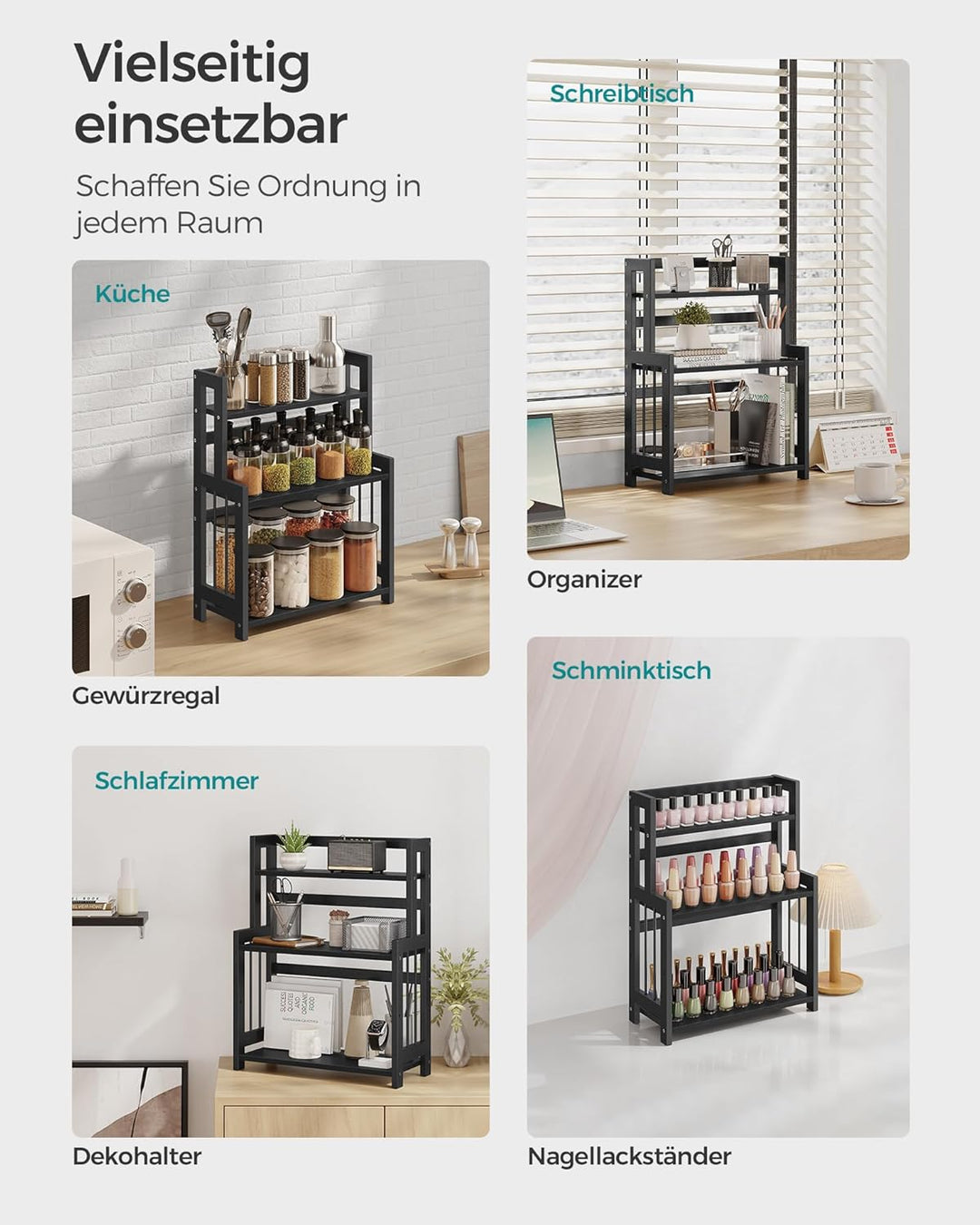 SONGMICS Gewürzregal mit 3 Ebenen, Küchenregal, Aufbewahrungsregal, für Arbeitsplatte, Bambusgestell