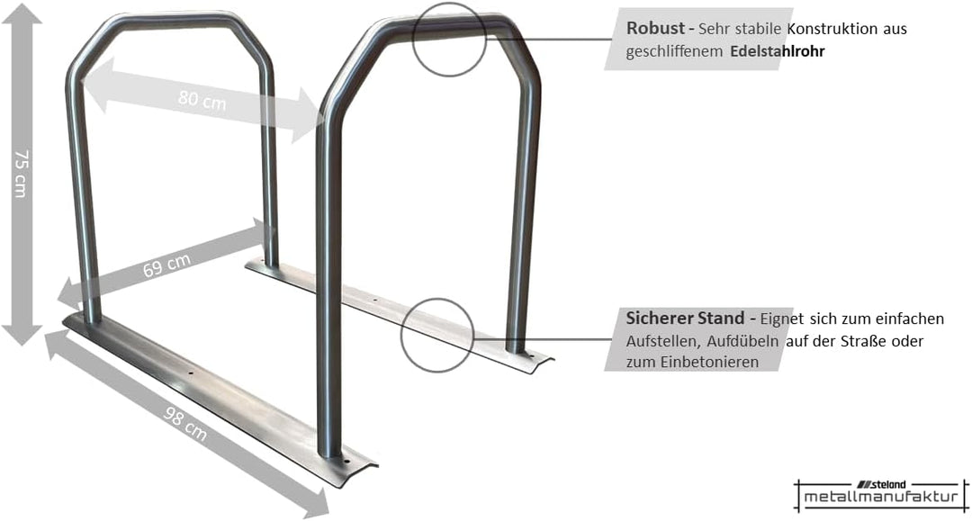steland metallmanufaktur® Fahrradständer | Edelstahl | Anlehnsystem für 4 Fahrräder | sicherer Stand