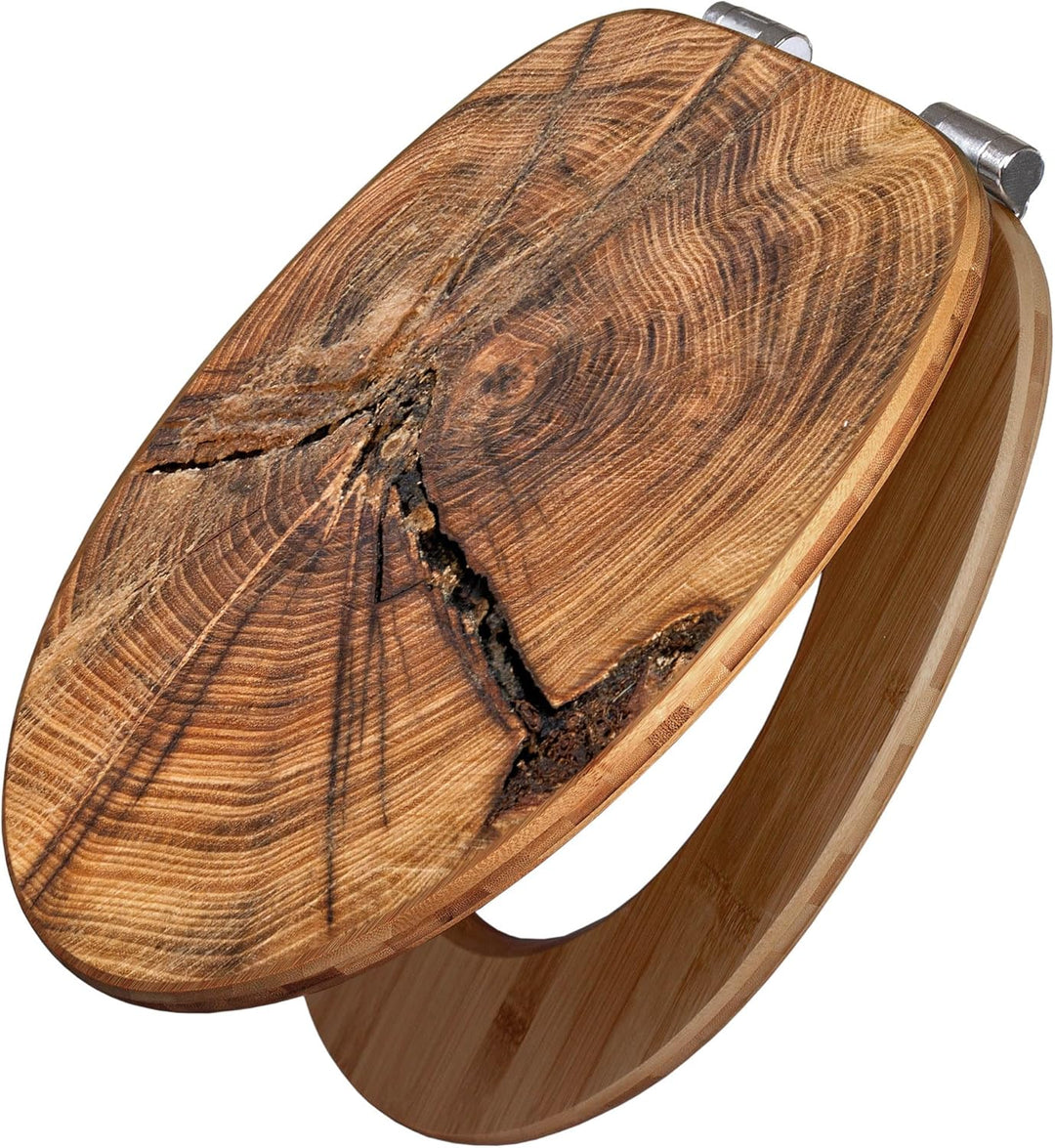 banjado® Design WC Sitz Bambus Absenkautomatik mit Motiv Jahresringe/Toilettendeckel mit Absenkautom