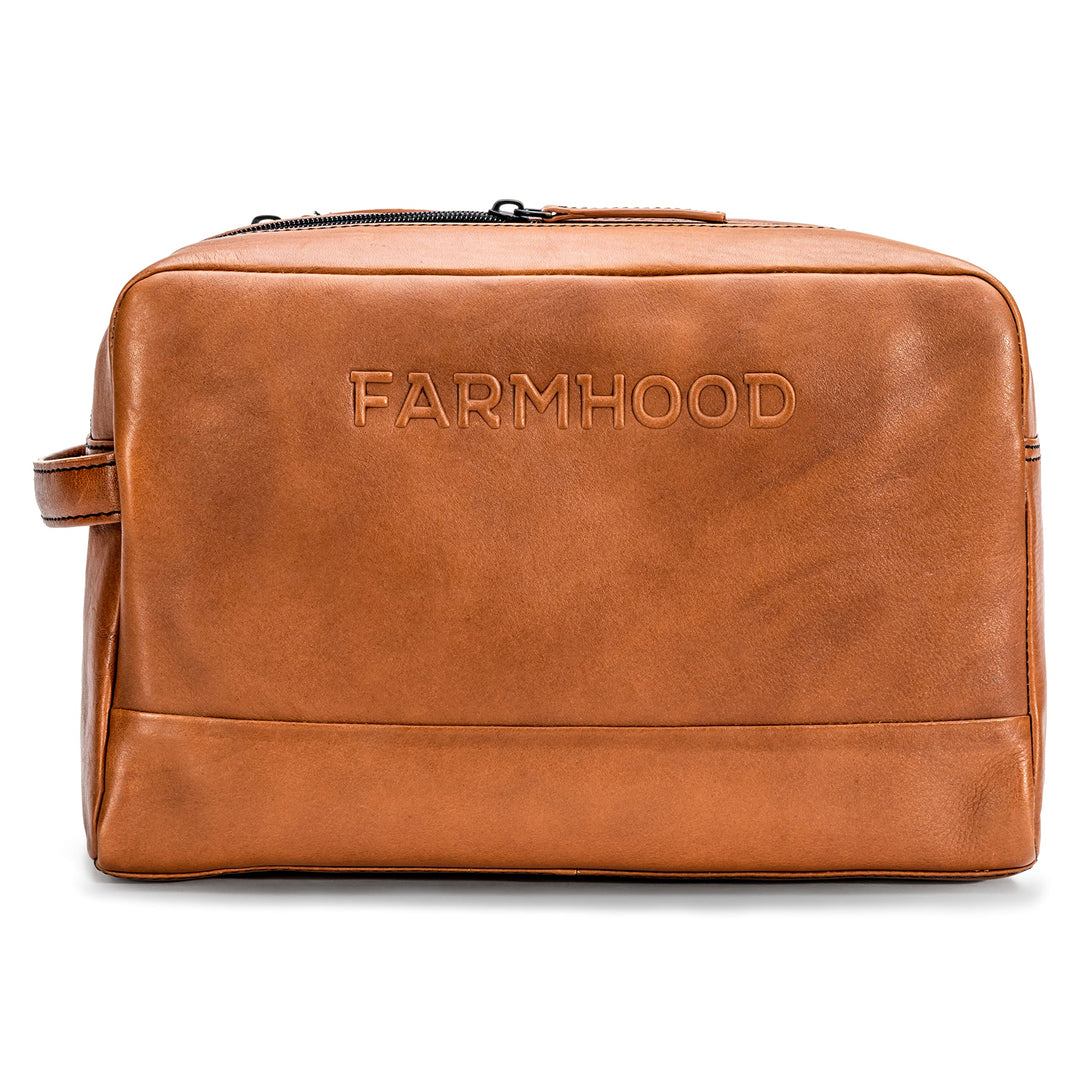 FARMHOOD Memphis Damen/Herren XL Leder Kulturbeutel | mit 2 Hauptfächern | Kosmetiktasche 30 cm Came