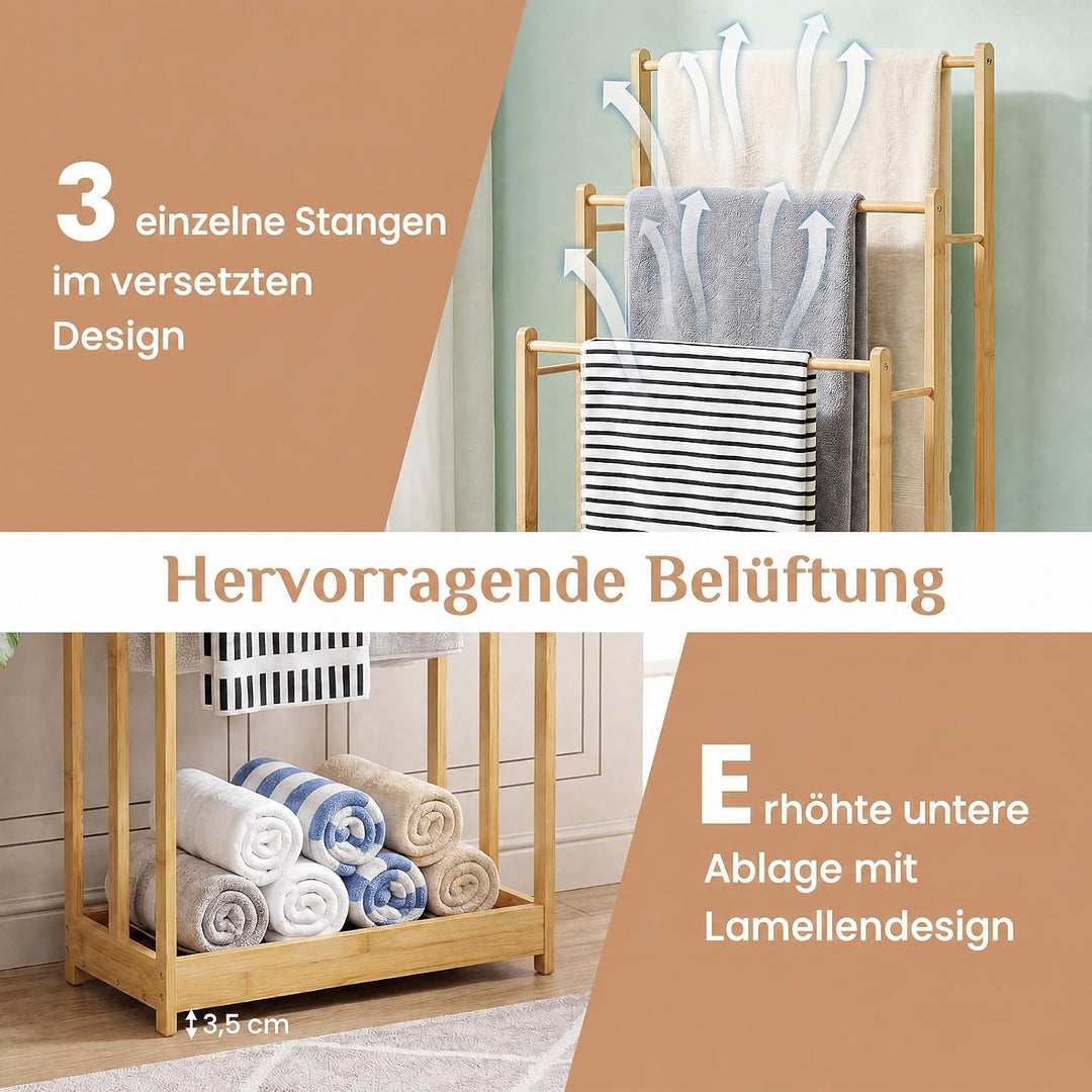 COSTWAY Handtuchständer freistehend, Handtuchhalter Holz mit 3 Handtuchstangen &amp; unterer Ablage &amp; Ki