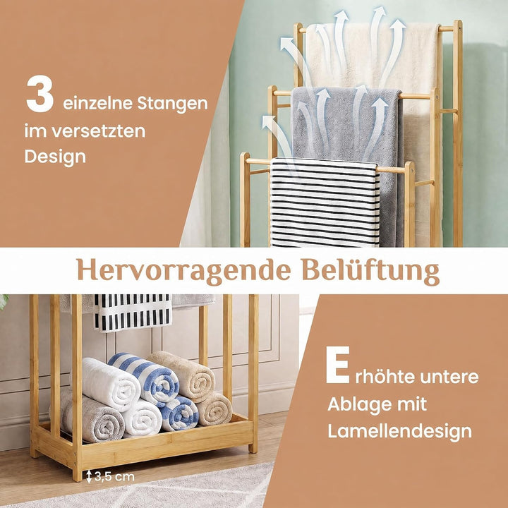COSTWAY Handtuchständer freistehend, Handtuchhalter Holz mit 3 Handtuchstangen &amp; unterer Ablage &amp; Ki