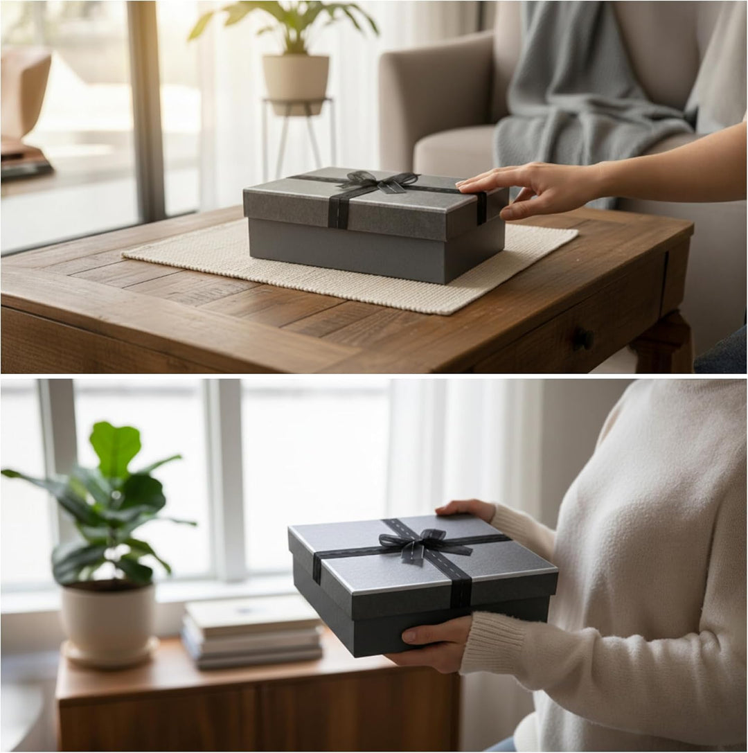 Emartbuy Set mit 3 starren Geschenkboxen, dunkelgraue Box mit dunkelgrauem Deckel, innen braun und d