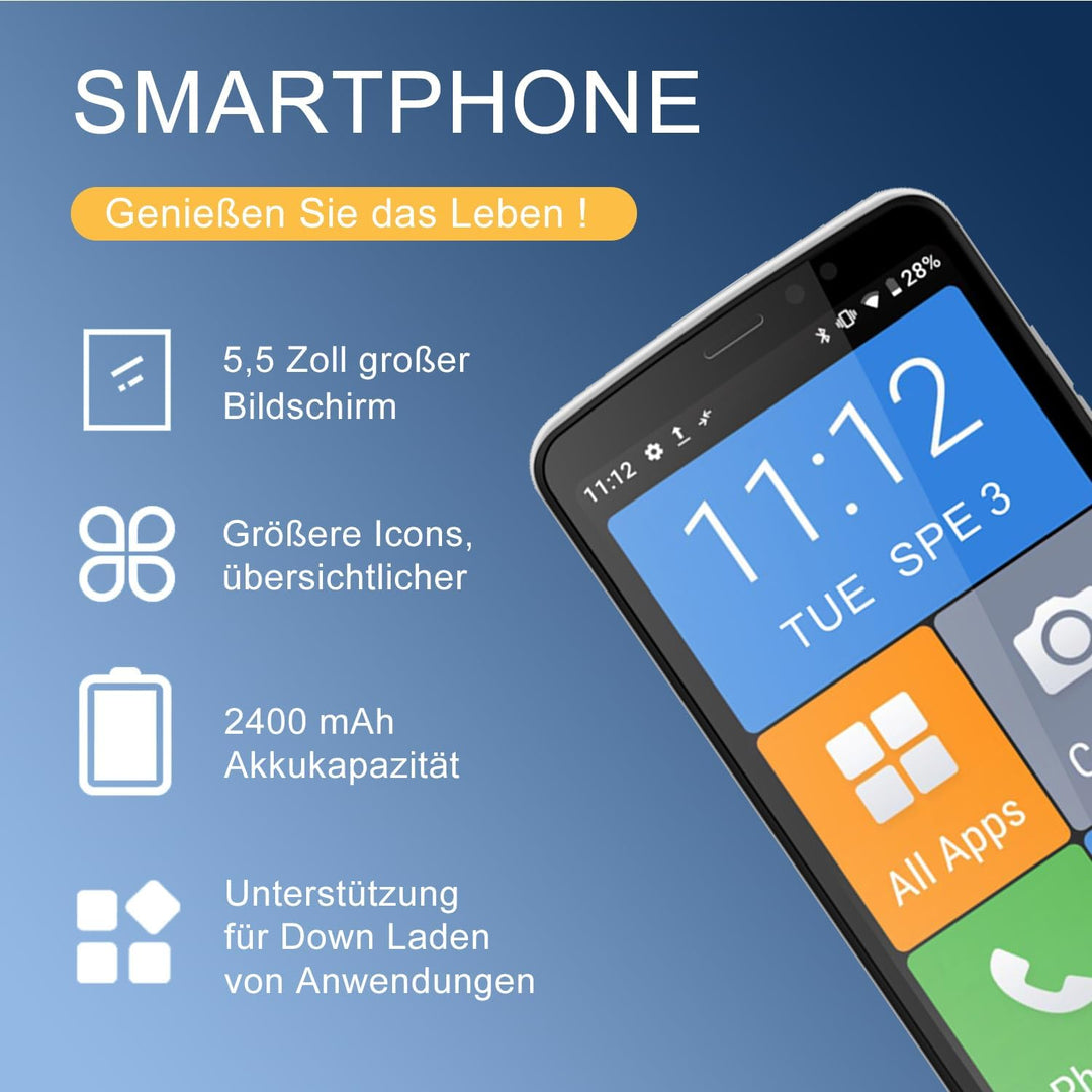 Melefon 4G Senioren Phone, 5,5 Zoll, grosse Icons, Android Handy mit 2400mAh Akku Unterstützung Blue
