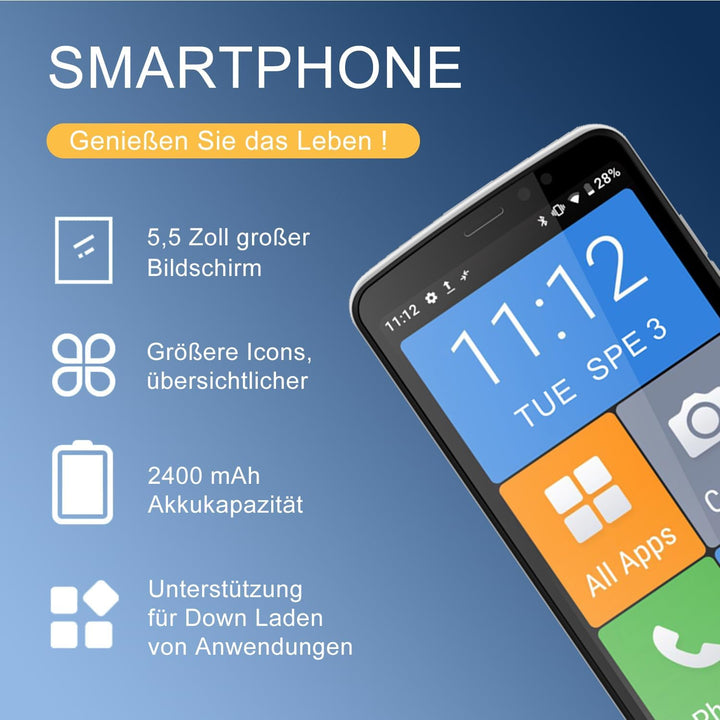 Melefon 4G Senioren Phone, 5,5 Zoll, grosse Icons, Android Handy mit 2400mAh Akku Unterstützung Blue
