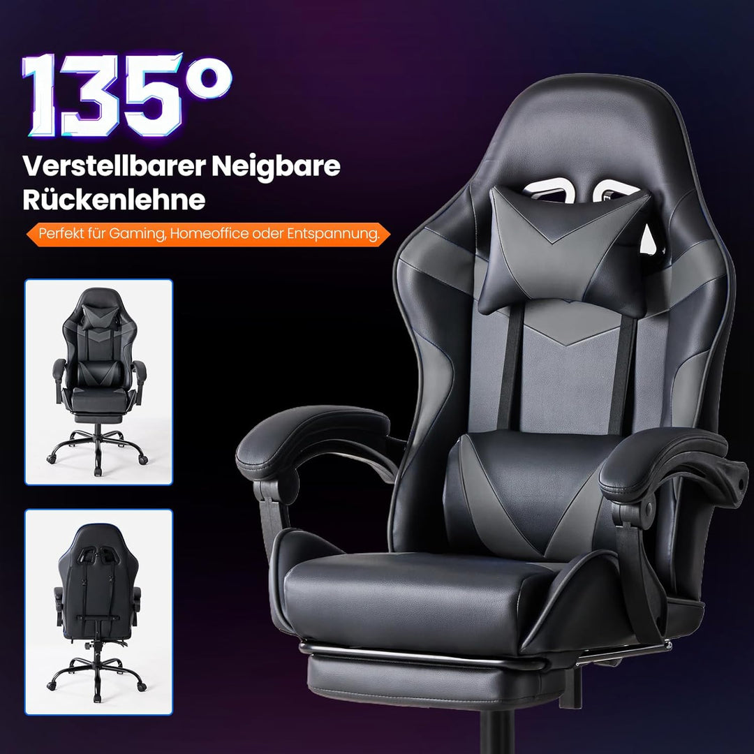 Sweetcrispy Gaming Stuhl, Gaming Chair mit Fussstütze Kopfstütze Lendenwirbelstütze, Ergonomischer P