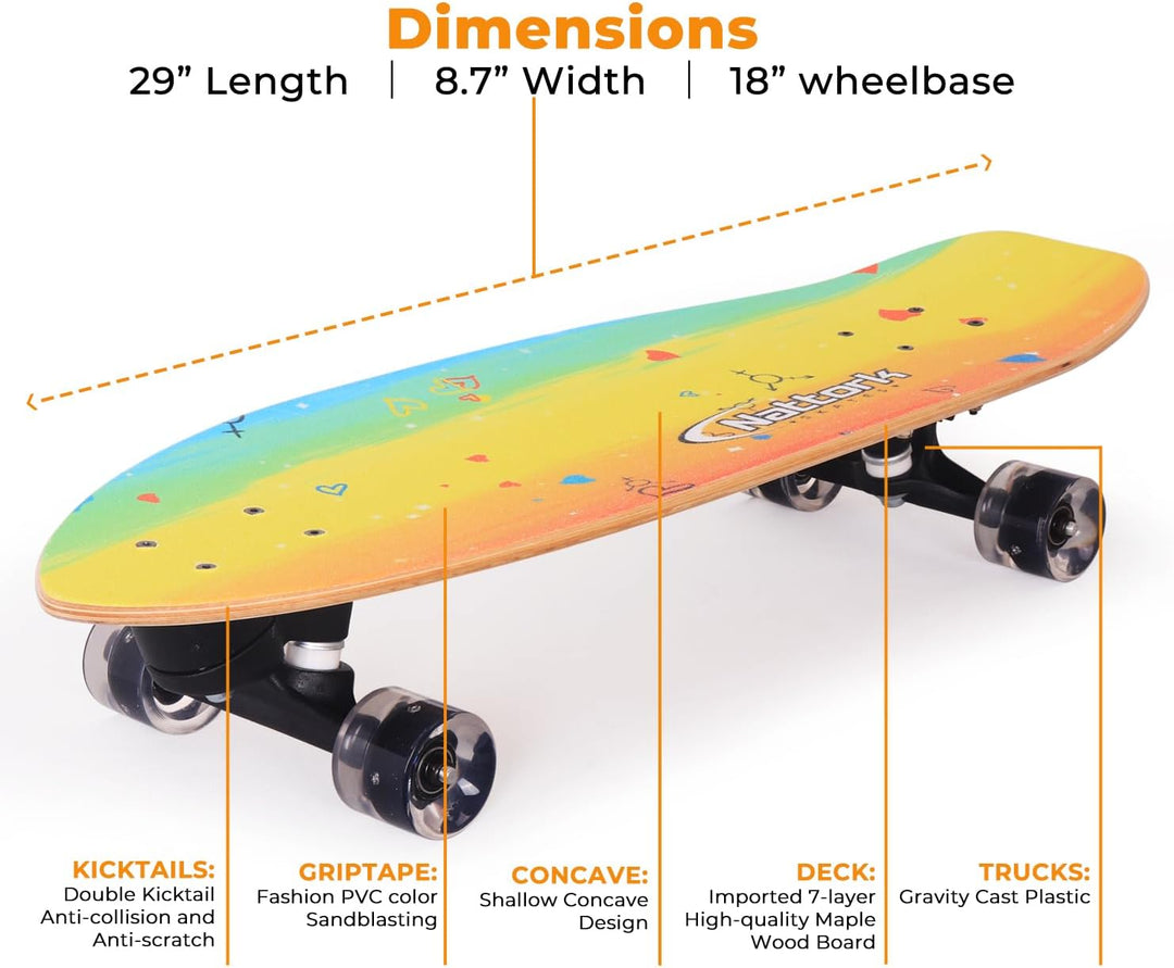 Nattork Complete Skateboards 29" x 8" Kids Skateboard Cruiser Skateboards for Beginners Double Kick