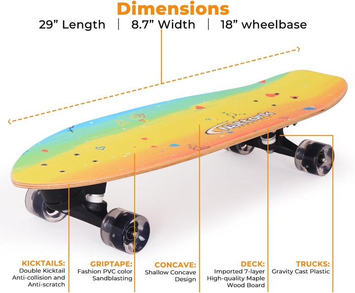 Nattork Complete Skateboards 29" x 8" Kids Skateboard Cruiser Skateboards for Beginners Double Kick