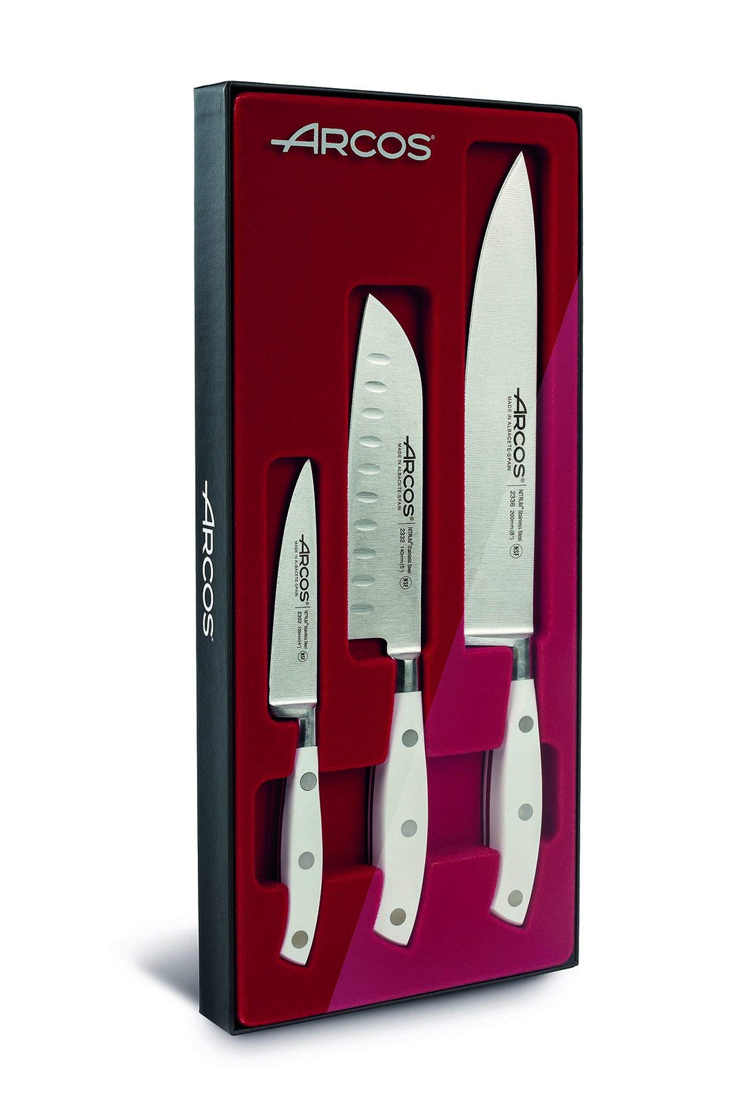 ARCOS Serie Riviera Blanc Küchenmesser-Set, 3-teilig, 1 Santoku und 1 Kochmesser, Klinge aus Nitrum,