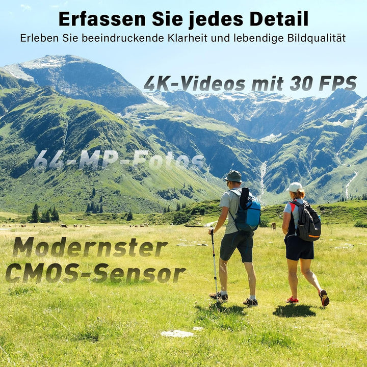 Action Kamera 4K, Vlog Kamera mit 1,72-Zoll-Touchscreen und 2-Achsen Stabilisierung, Digitalkamera m