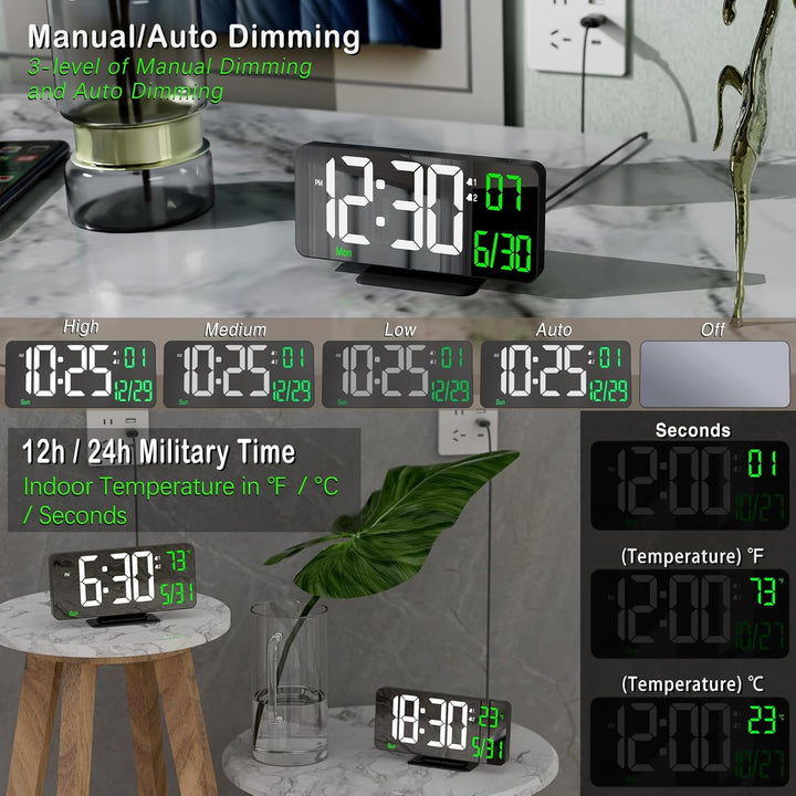 KOSUMOSU Tischuhr 6,7 Zoll Schwarze Digitale Weckeruhr mit Doppelalarm, wecker digital,digitalwecker
