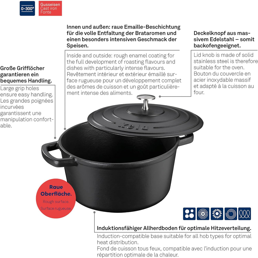 Kela 12471 Bräter mit Deckel, Gusseisen, Emaille-Beschichtung, Hohe Wärmespeicherung, Induktionsgeei