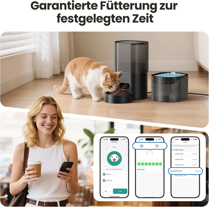 3L Automatischer Katzenfutterspender 2,5L Katzenbrunnen-Set, geräuscharmes App-gesteuertes Fernfütte