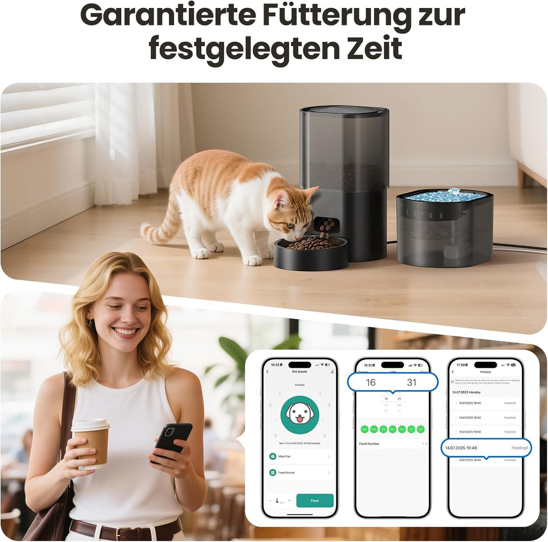 3L Automatischer Katzenfutterspender 2,5L Katzenbrunnen-Set, geräuscharmes App-gesteuertes Fernfütte
