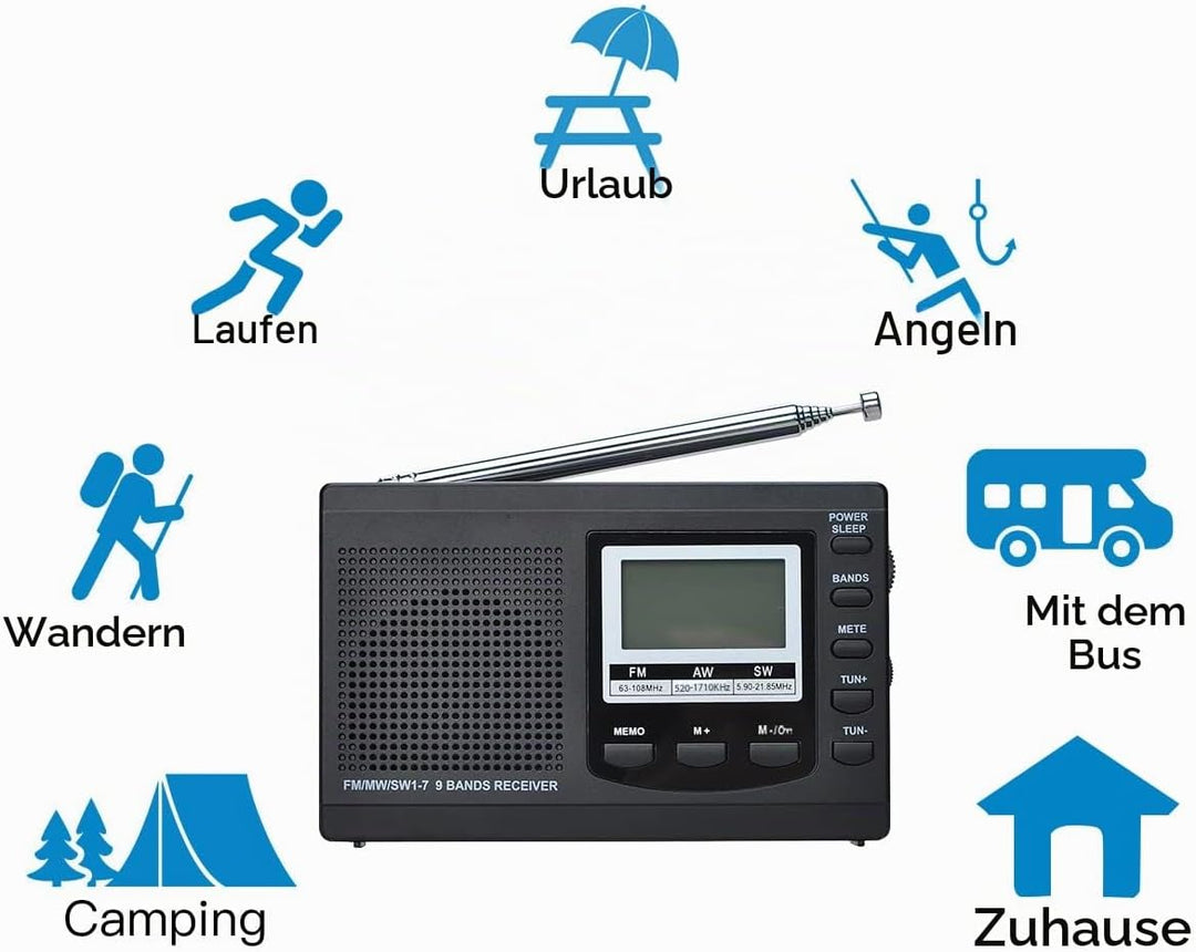 COVVY AM/FM / SW1-7 Tragbarer 9-Band-Radioempfänger mit Lautsprechern und Kopfhörern, ausgezeichnete