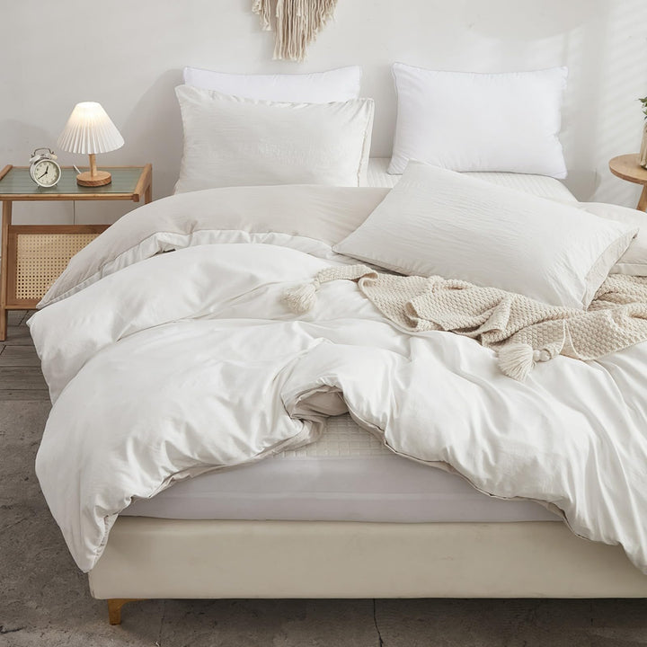Freyamy Wendbar Bettwäsche 135x200cm 2teilig Weiss Beige Unifarben Uni Wendebettwäsche Gewaschene Mi