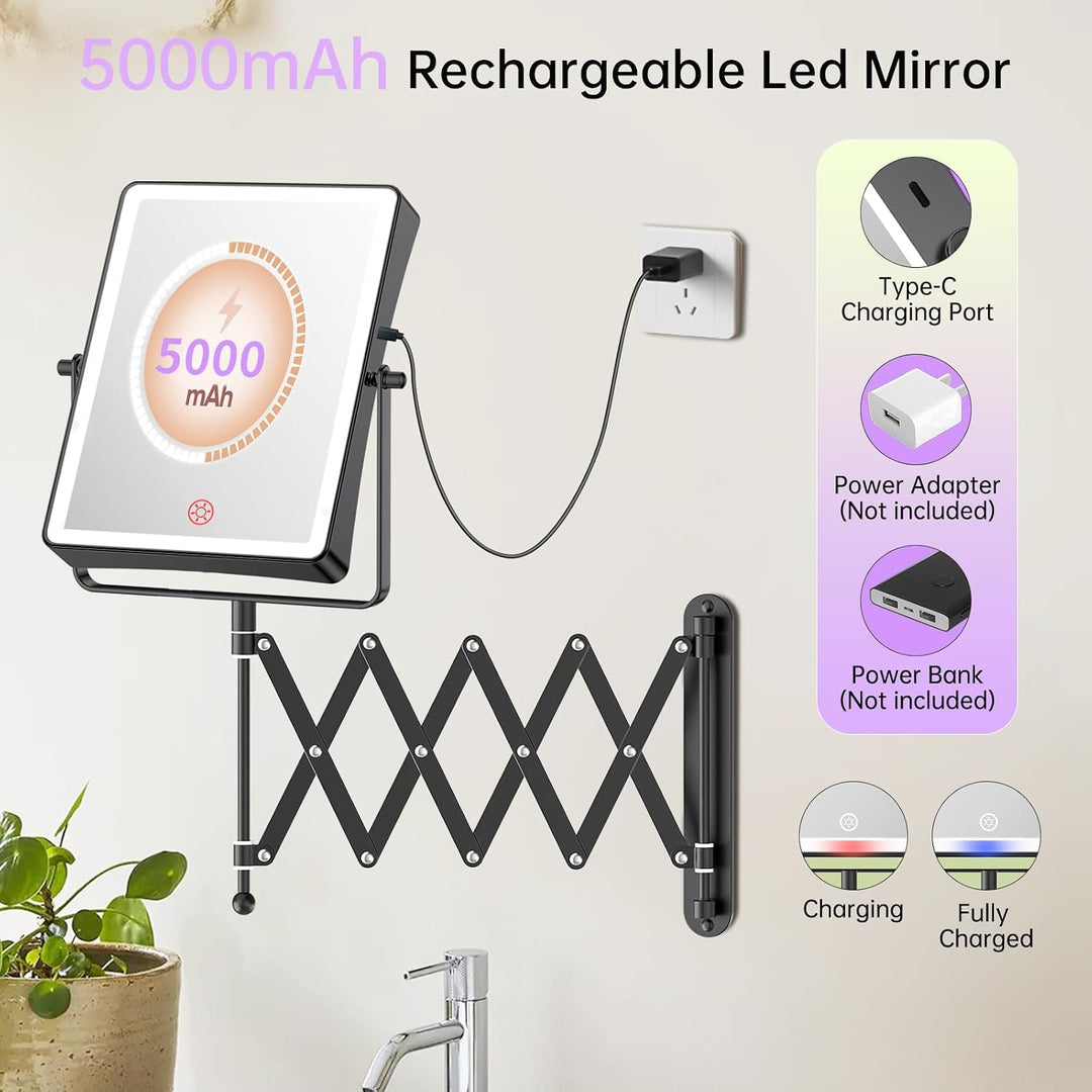 Famihomii 5000mAh Wiederaufladbar Kosmetikspiegel mit LED Beleuchtetung, 8,7 Zoll beidseitig 1X/30X