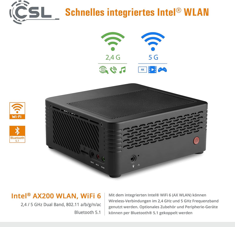 Mini PC CSL X300 Windows 10 Pro, AMD Ryzen 7 5700G 8x3800 MHz, 2000 GB M.2 SSD, 32 GB DDR4-RAM, Rade