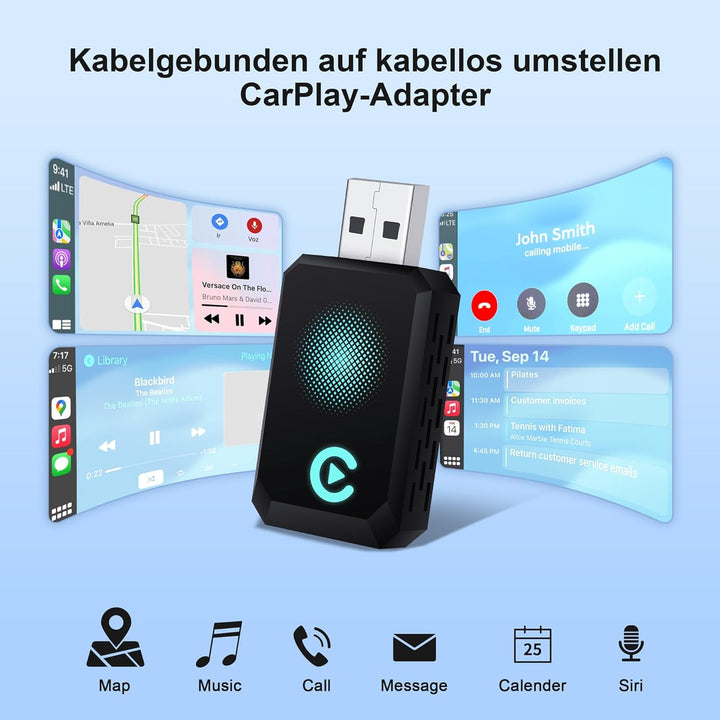 CarPlay Wireless Adapter, 2025 Upgrade Dongle Konvertiert Kabelgebunden zu Kabellos für iPhone, USB