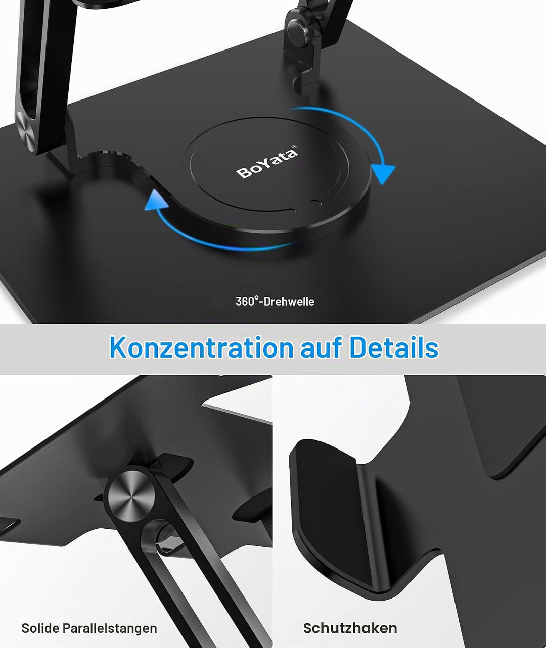 BoYata Laptopständer für Schreibtisch, Verstellbarer Computerständer mit 360°Drehbarer Basis, Ergono
