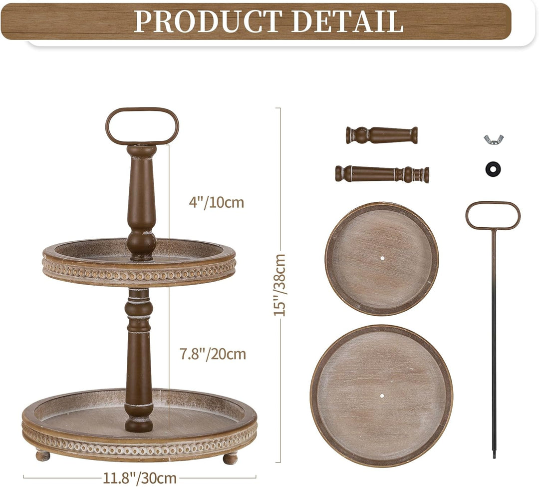 Hanobe Holztablett Deko Tablett Rund: Braun Serviertablett Holz mit 2 Ebenen Bauernhaus Dekotablett