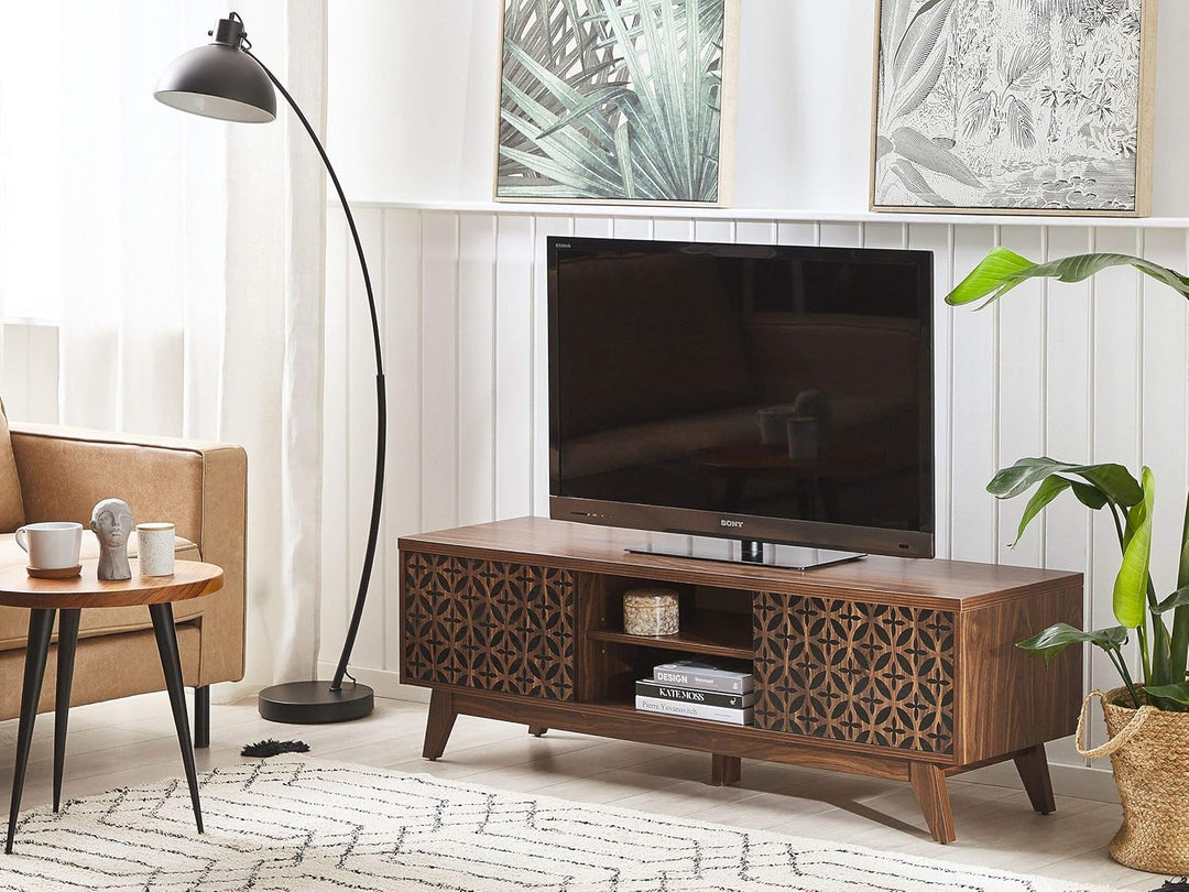 Beliani TV-Möbel dunkler Holzfarbton shwarzes geometrisches Muster Retro-Stil Prescot