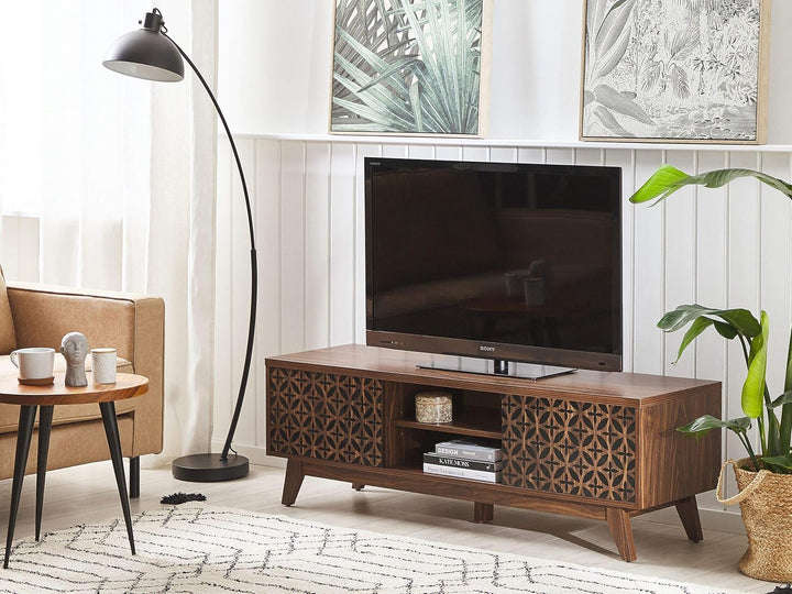Beliani TV-Möbel dunkler Holzfarbton shwarzes geometrisches Muster Retro-Stil Prescot