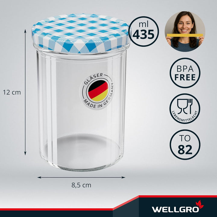WELLGRO 50x Einmachgläser mit Schraubdeckel - 435 ml, 8,5 x 12 cm (ØxH), Glas/Metall, blau karierte