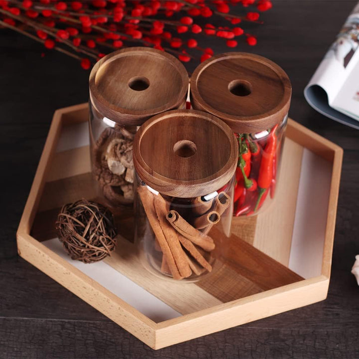 SAIOOL Glasdosen, Lebensmittelbehälter mit luftdichten Akaziendeckel, 600 ml, Glasdosen-Set, 3, tran