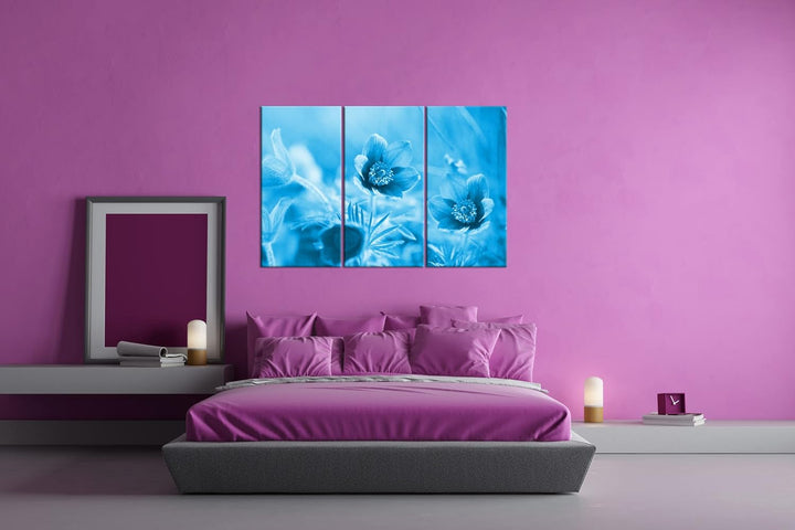 deyoli bezaubernde Blumen Format 120x80 3Teilig Effekt: Monocrome Blau als Leinwandbild, Motiv ferti