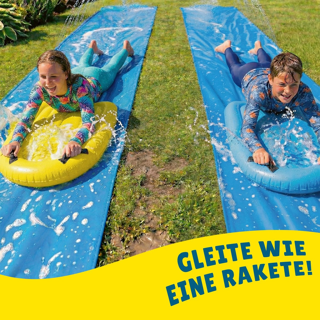 Original Cup Slipn'Slide 20 Meter XXL Pack | 2 Wasserrutschmatte 10 Meter + 2 Bodyboards + 1 Liter e