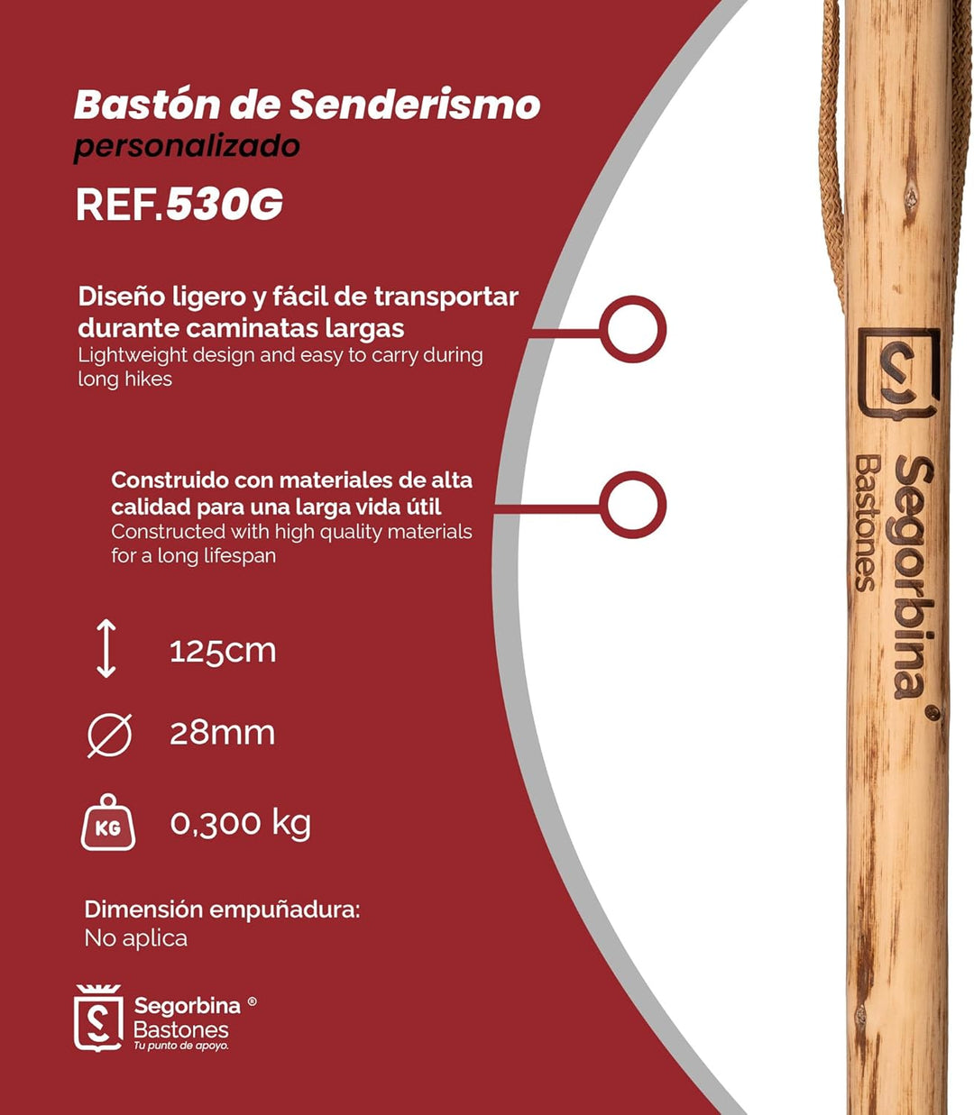 Personalisierbarer Wanderstock aus Holz, leicht und robust, mit Halteseil und Metallkappe, 125 cm