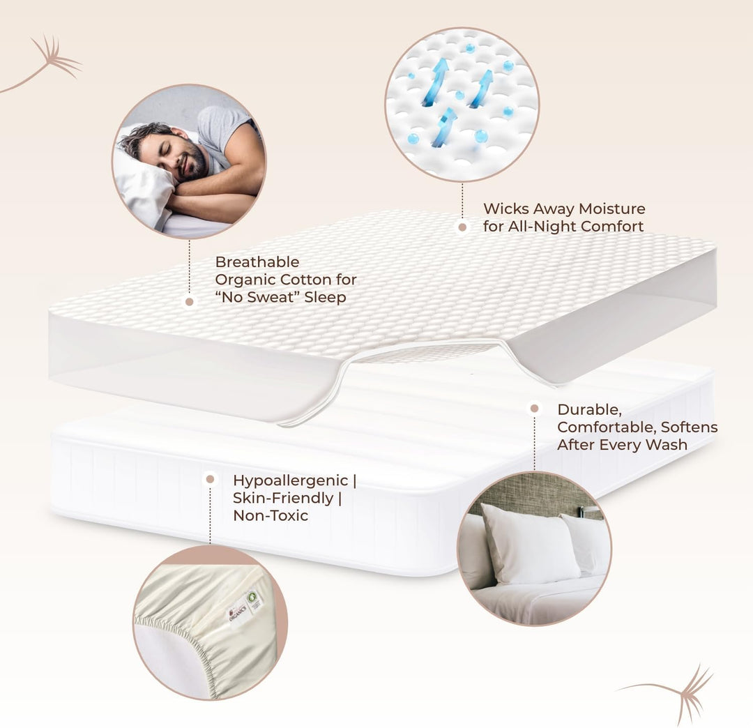 Whisper Organics, 100% Organic Mattress Protector - Quilted Fitted Mattress Pad Cover, GOTS Certifie