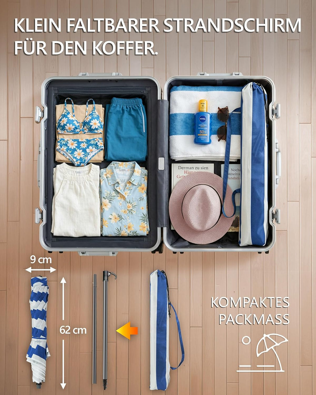 4smile Sonnenschirm Strand Ø 160 cm, Fb. Blau-Weiss - UPF 50+ Praktischer Reise Sonnenschirm für Kof