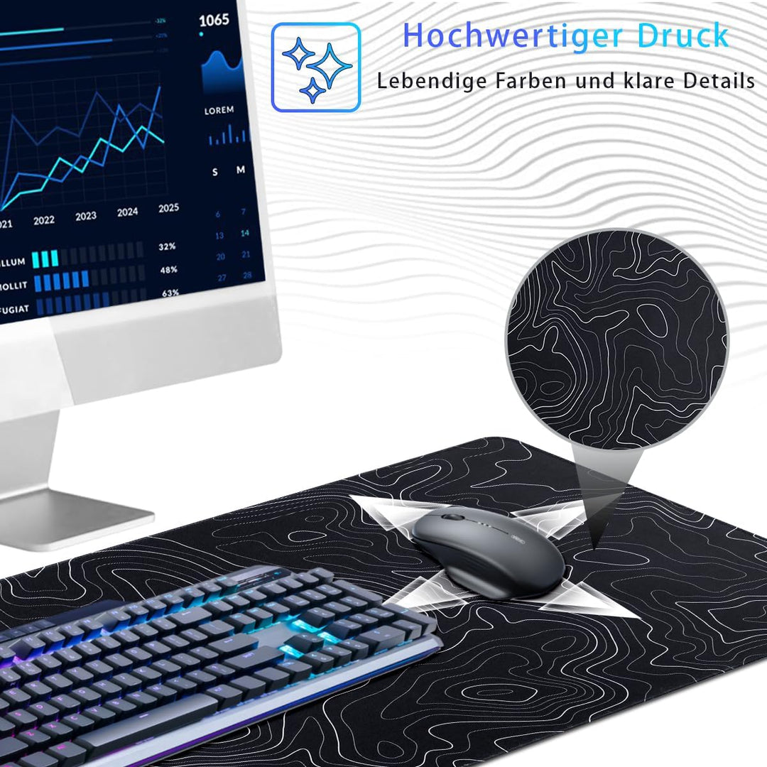 Zindoo Gaming Mauspad XXL 900 x 400 mm– Schwarzes Mousepad mit Konturen-Design – rutschfest, Langleb
