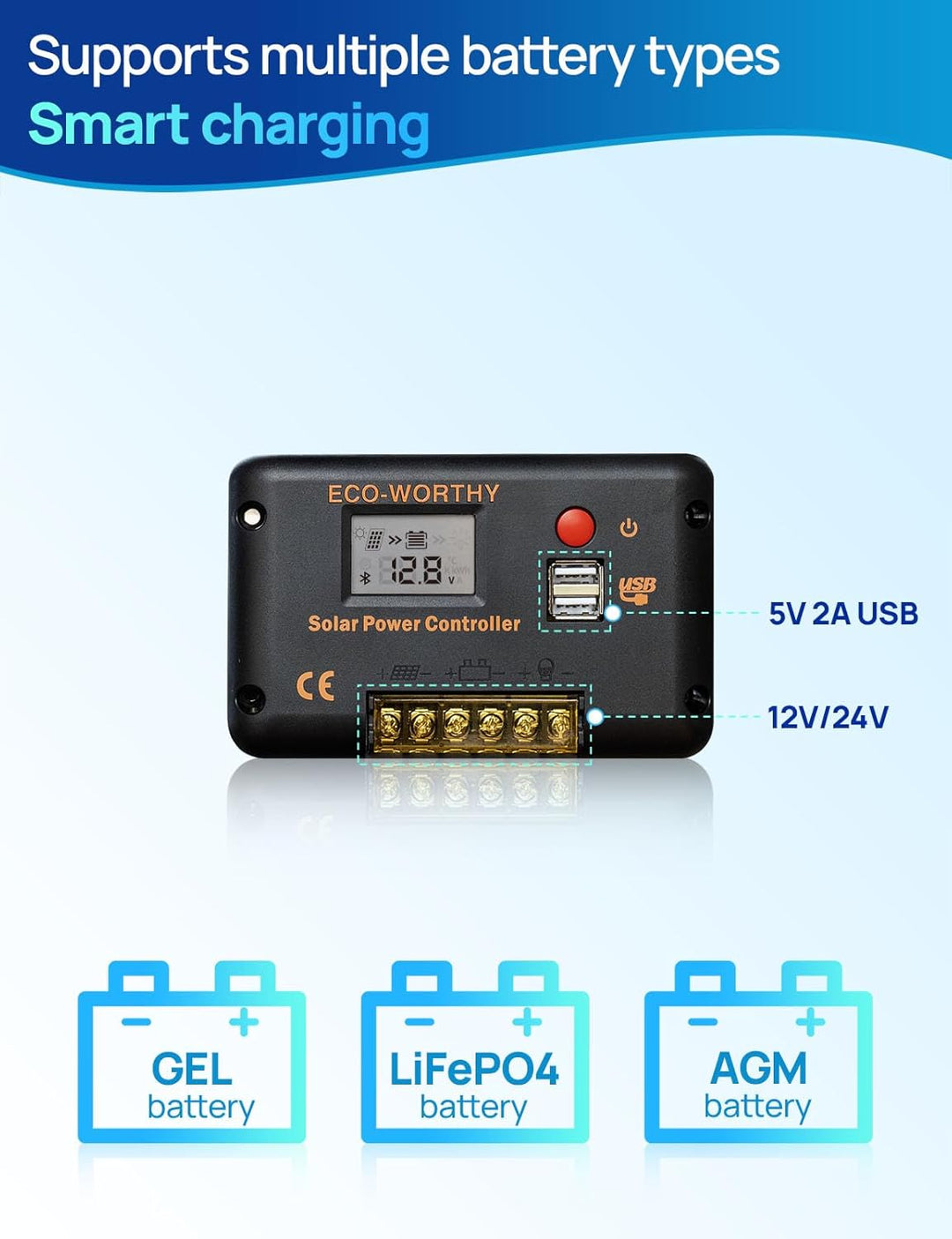 ECO-WORTHY Solarmodul-Kit 100W 12V, 100W Solarmodule 18BB N-Typ, Wirkungsgrad 25% mit 30A Laderegler