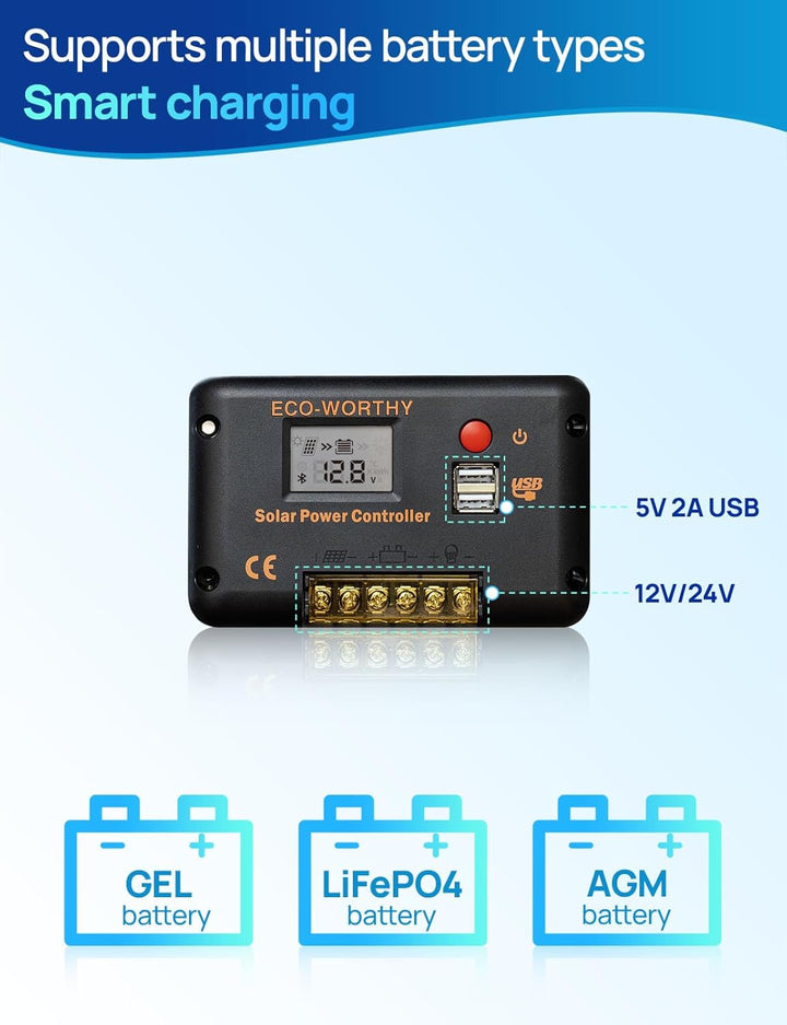 ECO-WORTHY Solarmodul-Kit 100W 12V, 100W Solarmodule 18BB N-Typ, Wirkungsgrad 25% mit 30A Laderegler