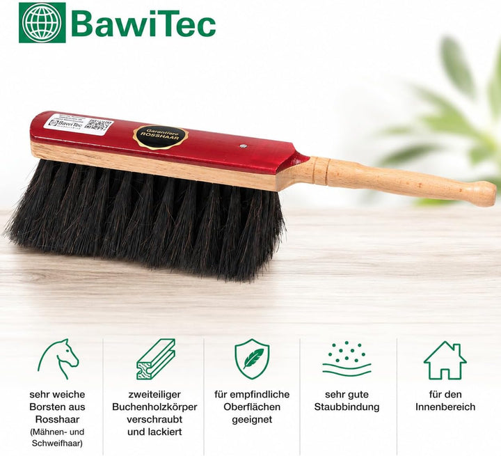 BawiTec Hochwertiger Handfeger Handbesen 29 cm lang Echt Rosshaar lackiert 2tlg. weich Garantiert Ro