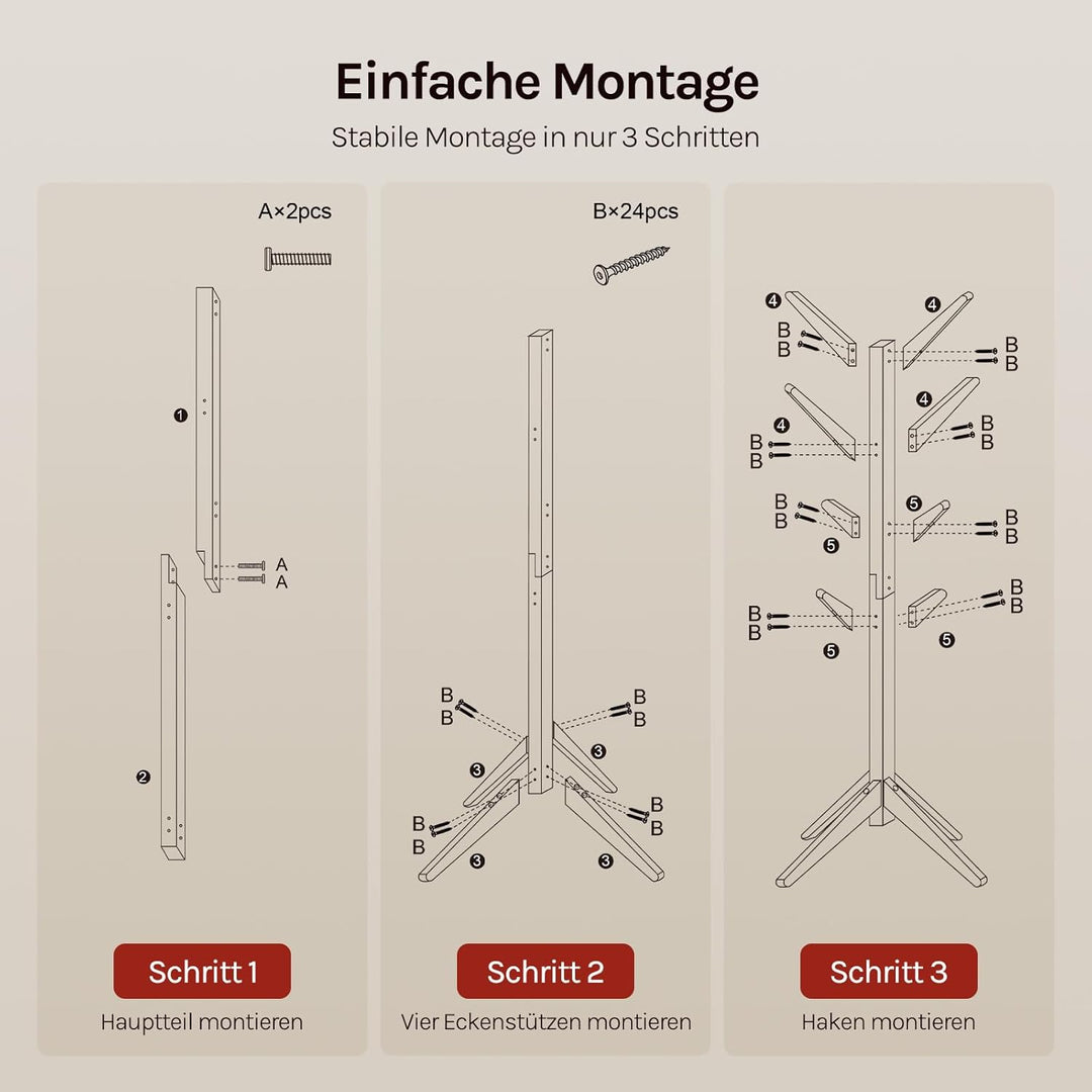 WOLTU Kleiderständer mit 8 Haken, Garderobenständer aus Massive Holz, Baumförmige Garderobe, Hängere