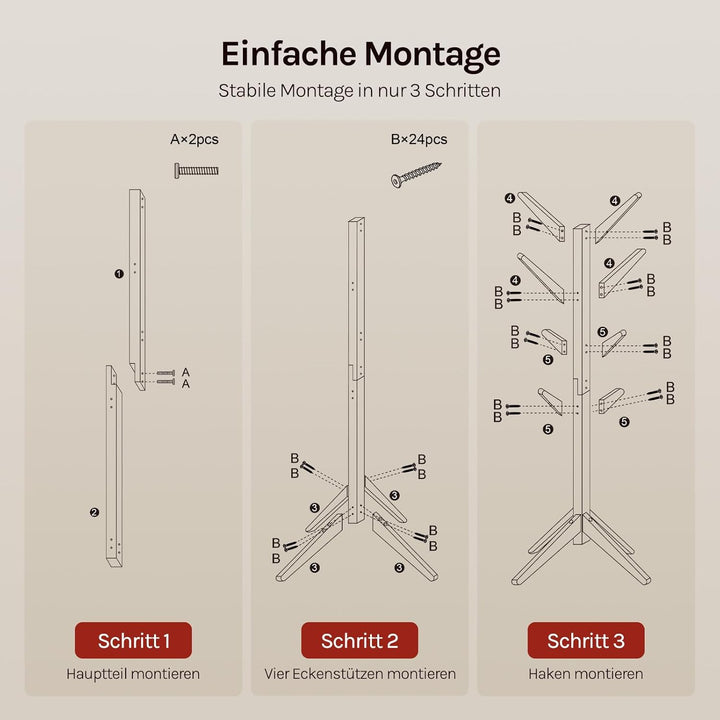 WOLTU Kleiderständer mit 8 Haken, Garderobenständer aus Massive Holz, Baumförmige Garderobe, Hängere