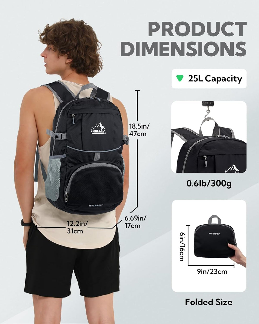 WATERFLY Faltbarer Rucksack Ultraleicht Wanderrucksack: 25L Leichter Tagesrucksack Sportlich Packabl