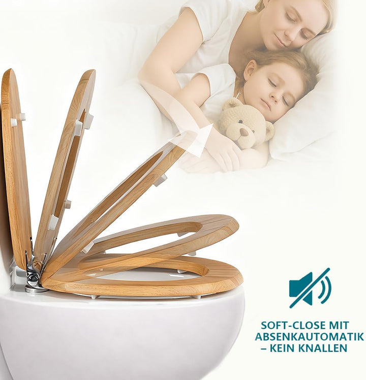 WC-Sitz aus Massivholz - Kautschukholz (Hevea) mit Absenkautomatik, Schnellverschluss &amp; Easy-Clean,