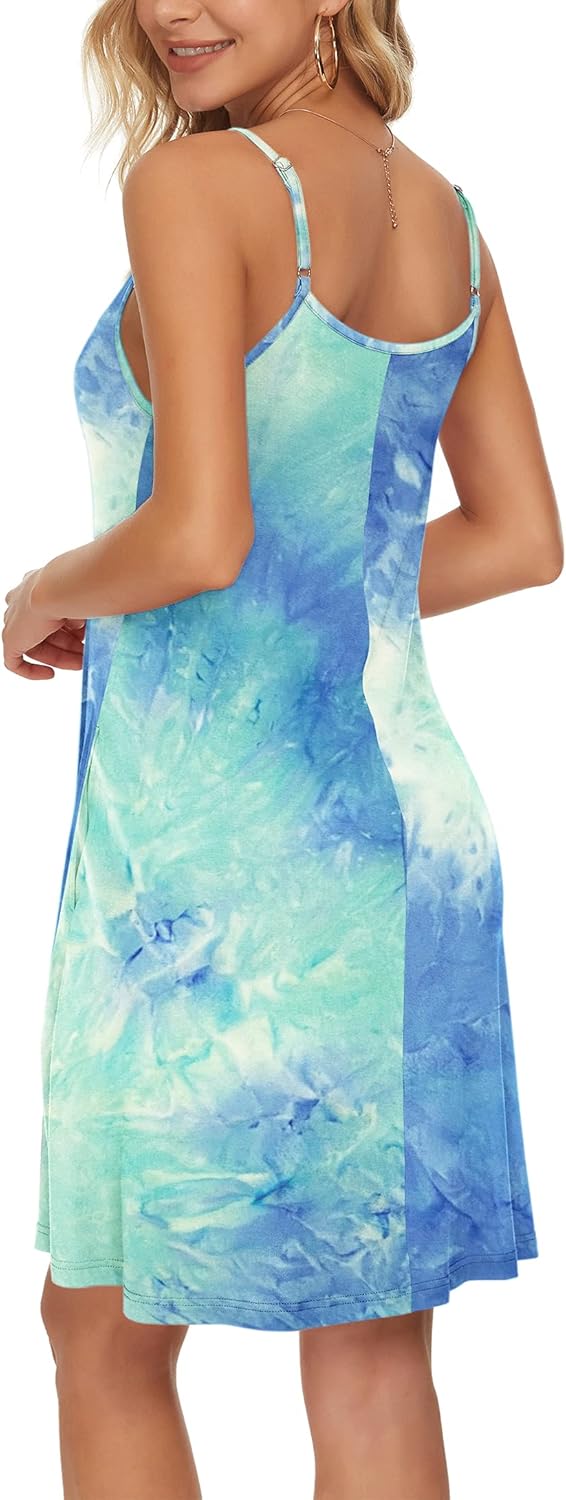 WNEEDU Damen Kleid Sommer Spaghettiträger Sommerkleid Kurze Strandkleider V Ausschnitt Leichte Freiz