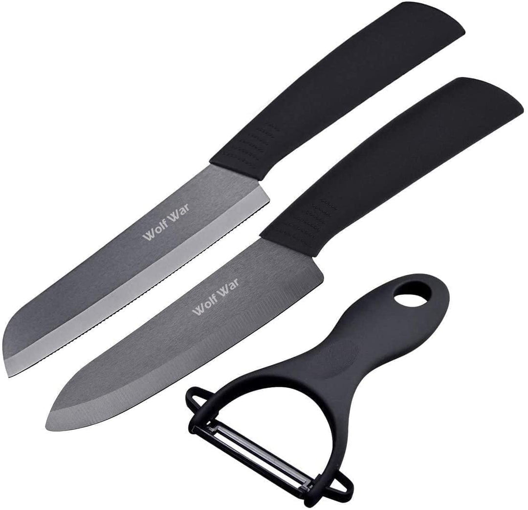 Wolf War Keramikmesser Set mit Schutzhülle, Küchenmesser Set mit 1 gezahnt Brot Knife, 1 Kochmesser