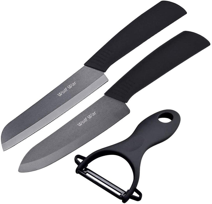 Wolf War Keramikmesser Set mit Schutzhülle, Küchenmesser Set mit 1 gezahnt Brot Knife, 1 Kochmesser