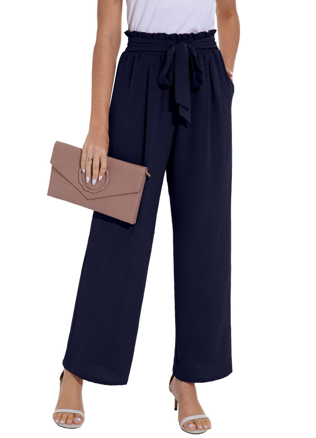 PrinStory Damen Hose Mit Weitem Bein Leichte Elastische Taille Sommer Hose Mit Taschen Kausale Arbei