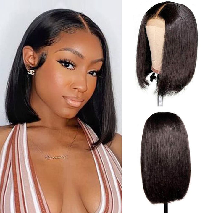 DÉBUT Straight Bob Perücken Echthaar T Part Lace Front Bob Perücke Vorgezupft mit Babyhaar 150% Dich