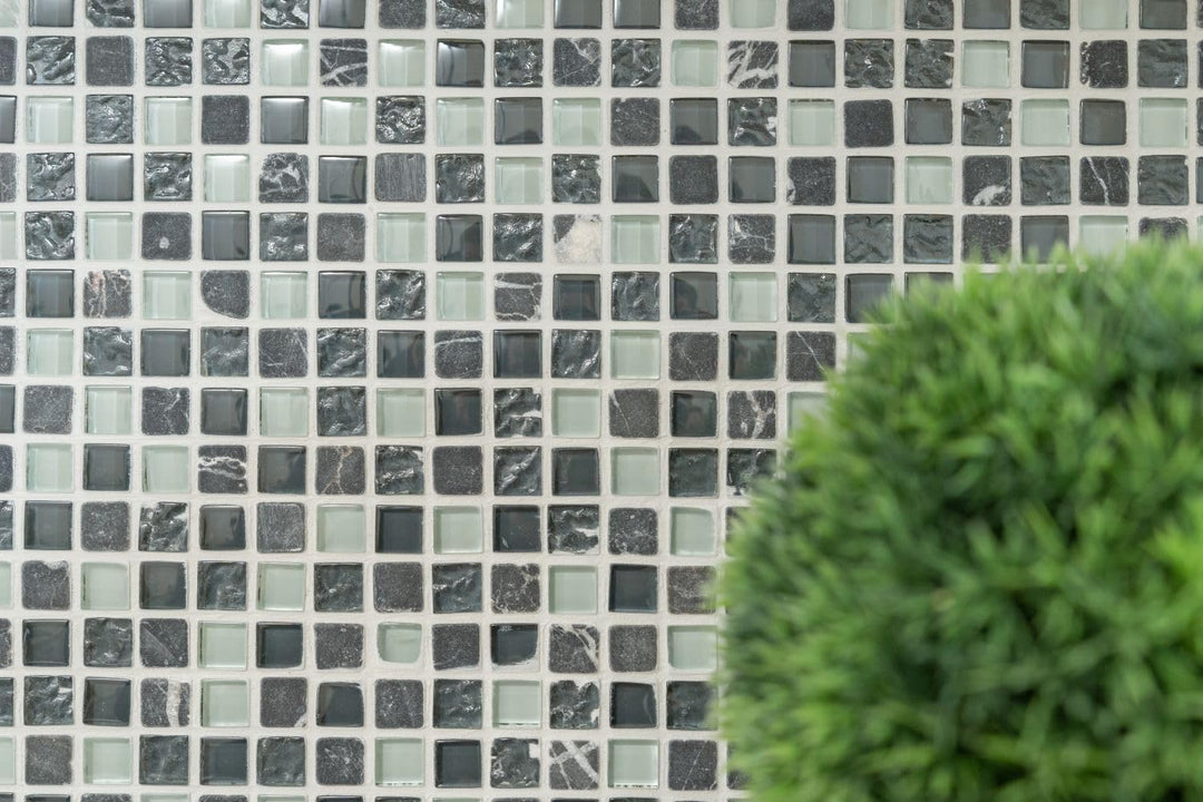 Mosaik Quadrat Crystal/Stein mix grau Glas Naturstein Fliesenspiegel, Mosaikstein Format: 15x15x8 mm