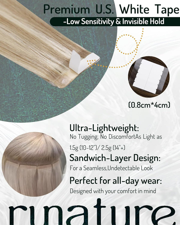 RUNATURE Tape in Extensions Braun Blond 55cm Echthaar Extensions Tape in 50g Tape Extensions Echthaa